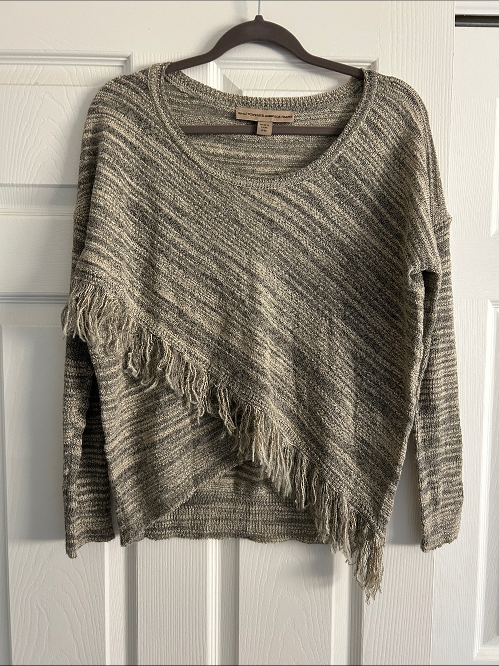 Vintage America PM Taupe Cream Fringe Knit Scoop Neck Boho Sweater